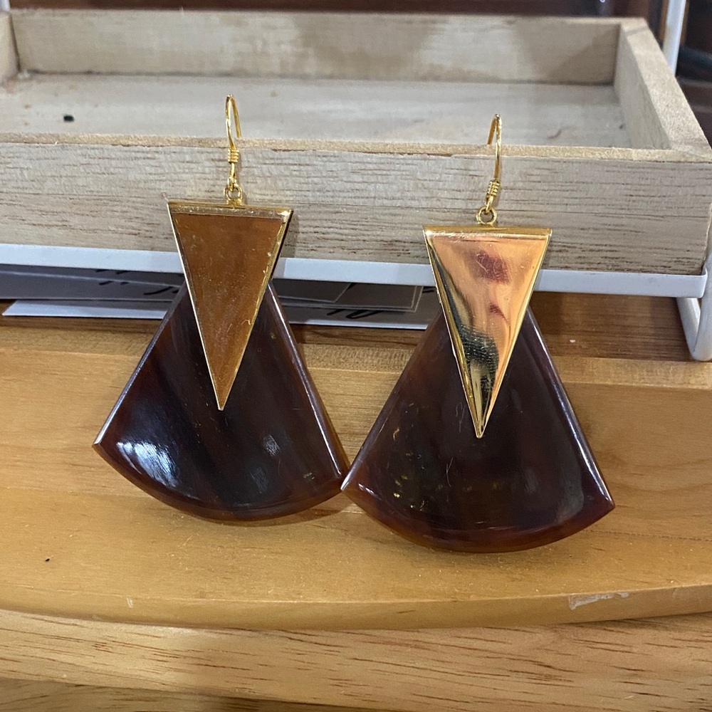 Geometric Gold & Brown Fan Drop Earrings 2 inch - Picture 2 of 3
